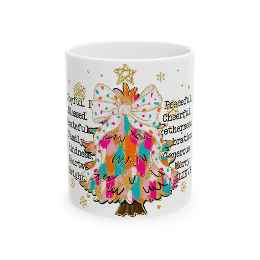 Joyful, Blessed, Family,Kindness, Merry Christmas Ceramic Mug, (11oz, 15oz) Christmas  Gift for Family ,Friends